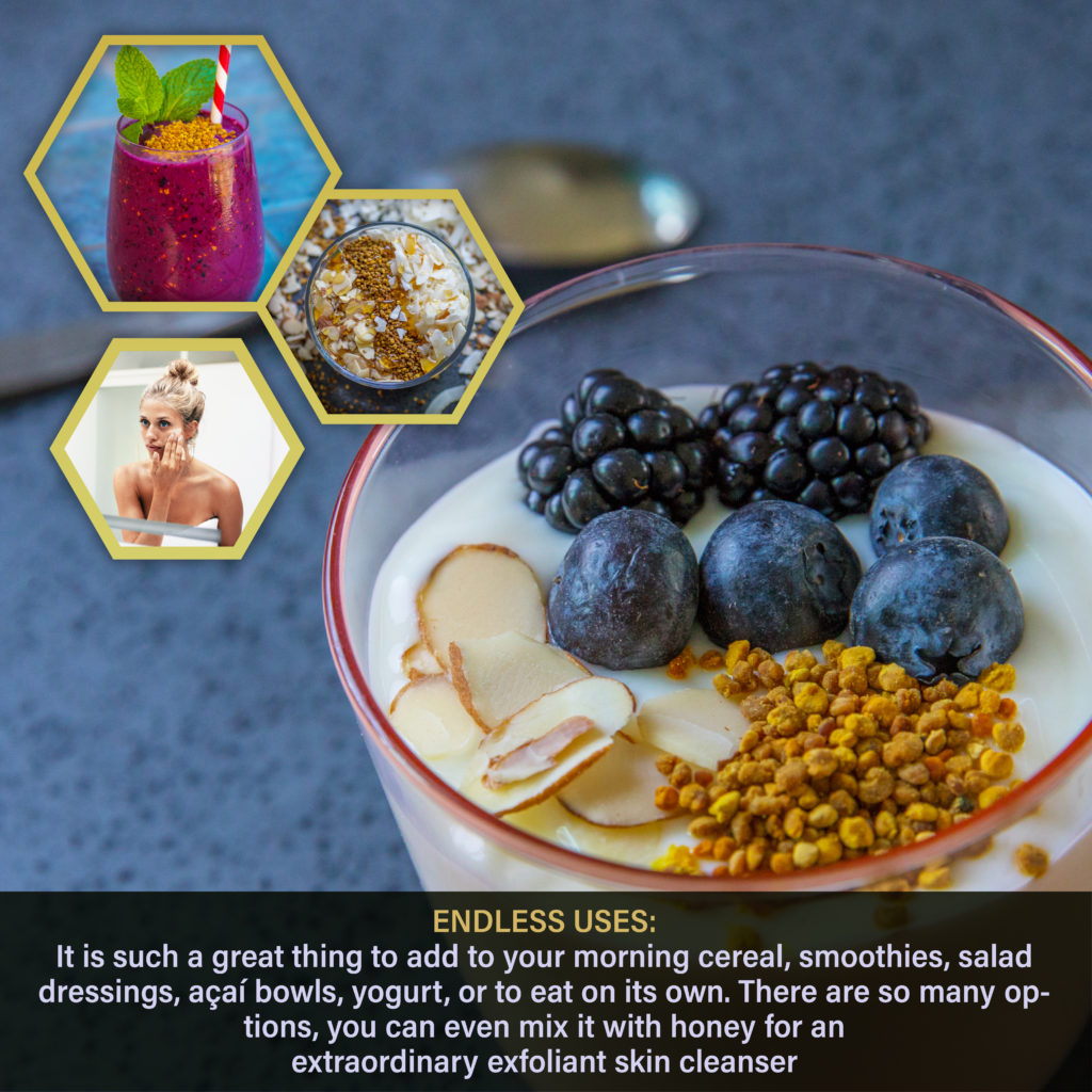 A glass of yogurt berries and bee pollen with information on the bottom, HummingBee Bee Products